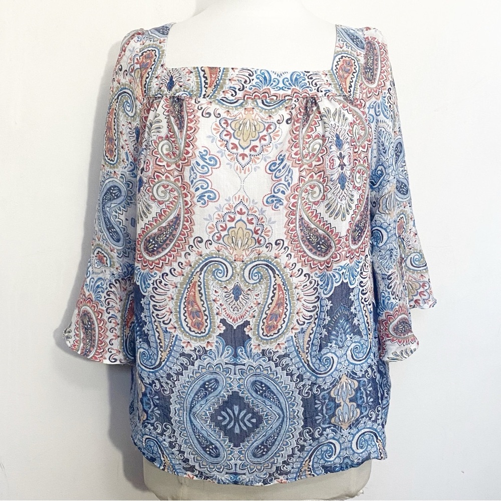Zac & Rachel Paisley Print Square Neck Semi Sheer Bell Sleeve Women's Top XLP